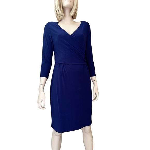 Ralph Lauren Dress Surplice Jersey Ruching ΒΎ Sleeve Cross Over Plunge Neck - Picture 5 of 15